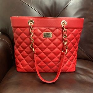 St. John Red Quilted Genuine Leather Handbag